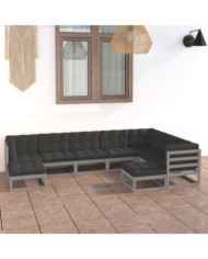 Salon de jardin 9 pcs avec coussins Gris Bois de pin massif | Mobilier & Déco