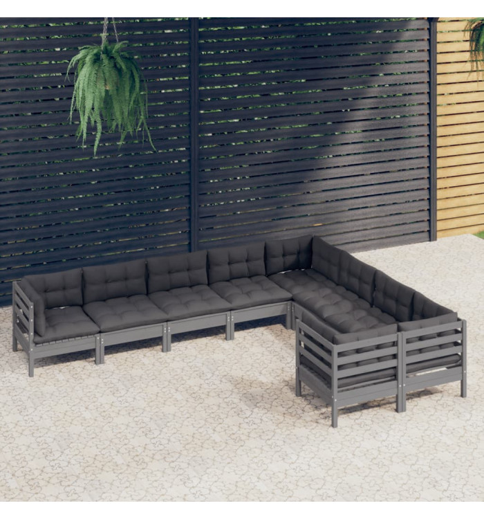 Salon de jardin 9 pcs avec coussins gris bois de pin | Mobilier & Déco