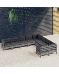 Salon de jardin 9 pcs avec coussins gris bois de pin | Mobilier & Déco
