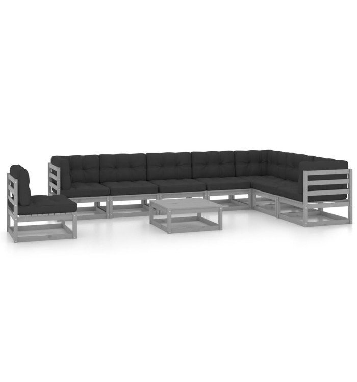Salon de jardin 9 pcs avec coussins Gris Bois de pin massif | Mobilier & Déco