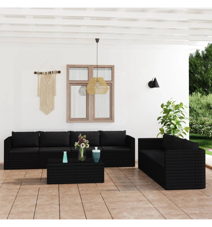 Salon de jardin 8 pcs avec coussins résine tressée noir | Mobilier & Déco