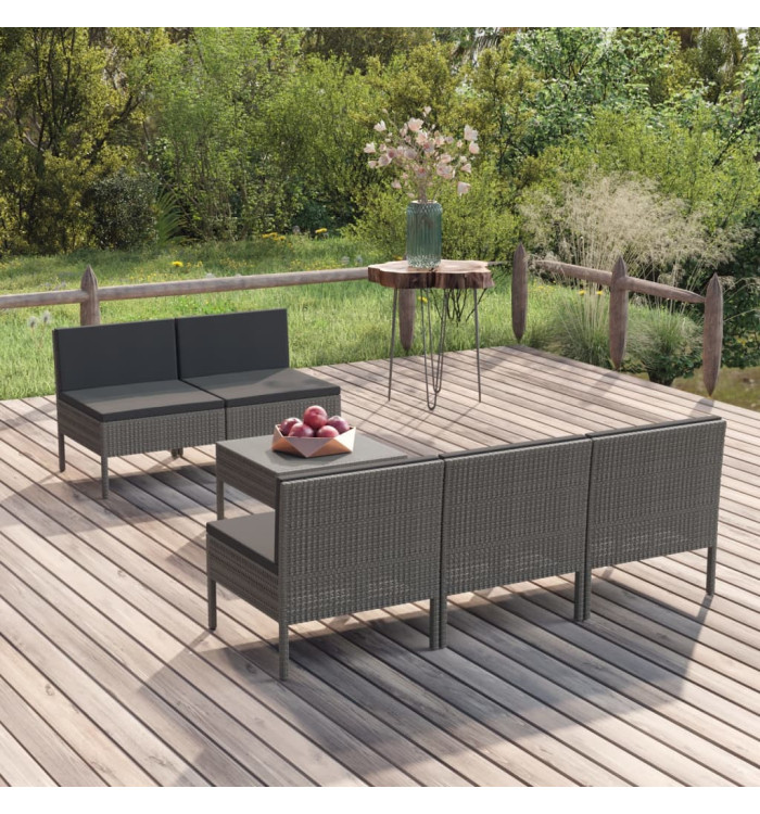 Salon de jardin 6 pcs avec coussins résine tressée gris | Mobilier & Déco
