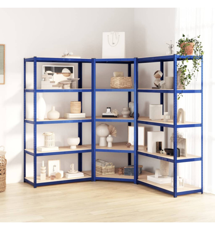 Étagères à 5 niveaux 3 pcs Bleu Acier et bois d'ingénierie | Mobilier & Déco