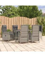 Ensemble à manger jardin et coussins 7 pcs gris rotin | Mobilier & Déco