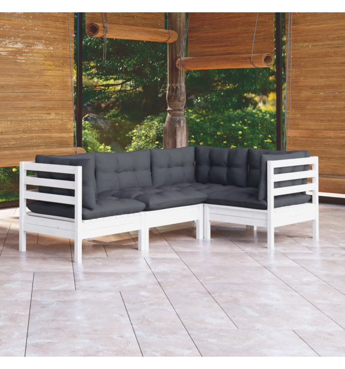 Salon de jardin 4 pcs avec coussins blanc bois de pin | Mobilier & Déco