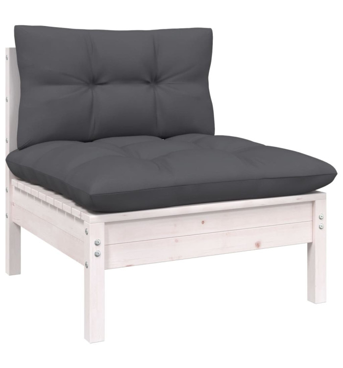 Canapé central de jardin avec coussins Blanc Bois de pin massif | Mobilier & Déco
