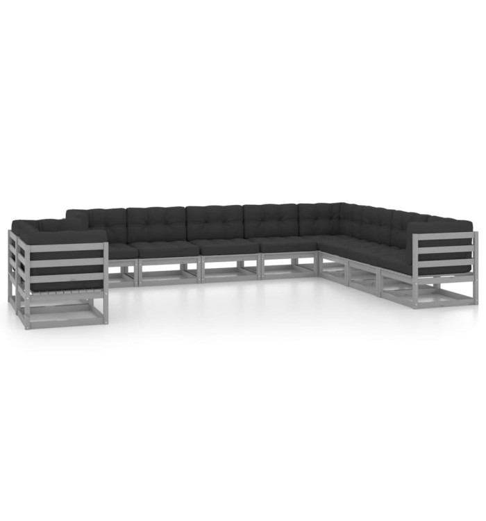 Salon de jardin 10 pcs avec coussins Gris Bois de pin massif | Mobilier & Déco