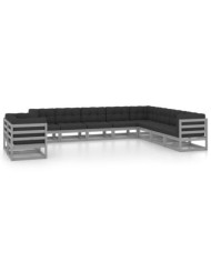 Salon de jardin 10 pcs avec coussins Gris Bois de pin massif | Mobilier & Déco