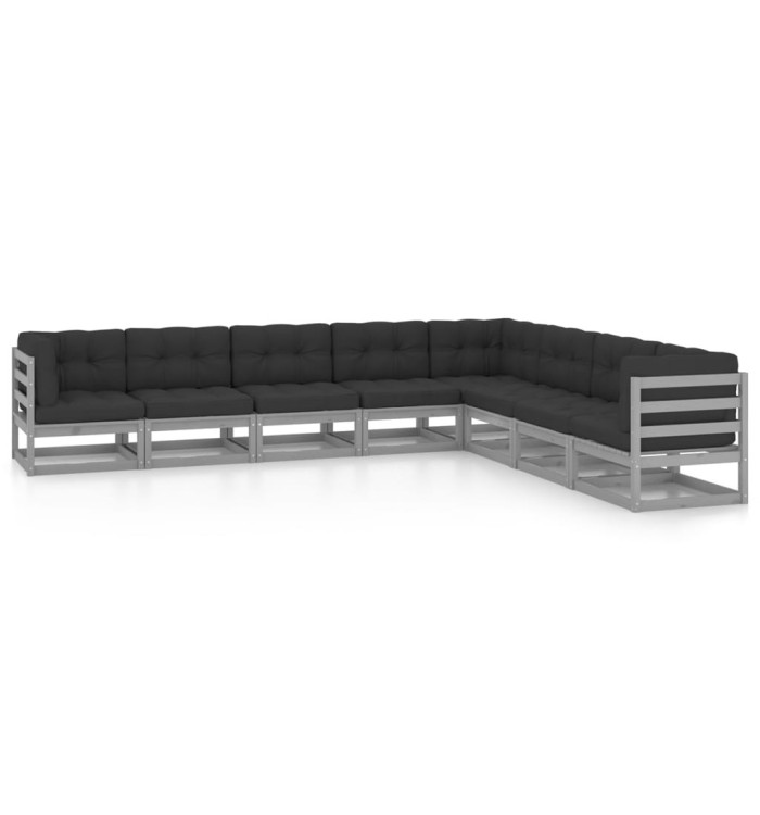Salon de jardin 8 pcs avec coussins Gris Bois de pin massif | Mobilier & Déco