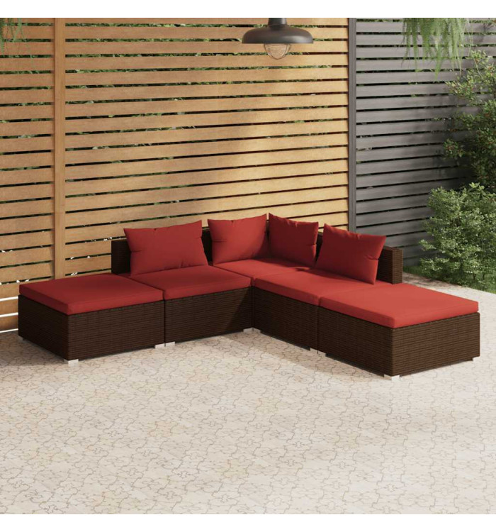 Salon de jardin 5 pcs avec coussins résine tressée marron | Mobilier & Déco