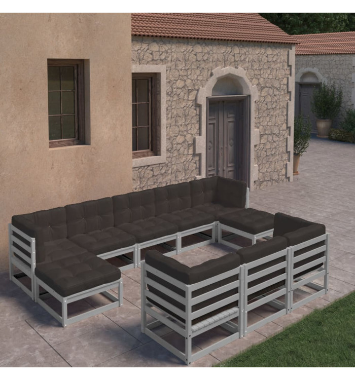 Salon de jardin 10 pcs avec coussins Gris Bois de pin massif | Mobilier & Déco