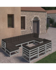Salon de jardin 10 pcs avec coussins Gris Bois de pin massif | Mobilier & Déco
