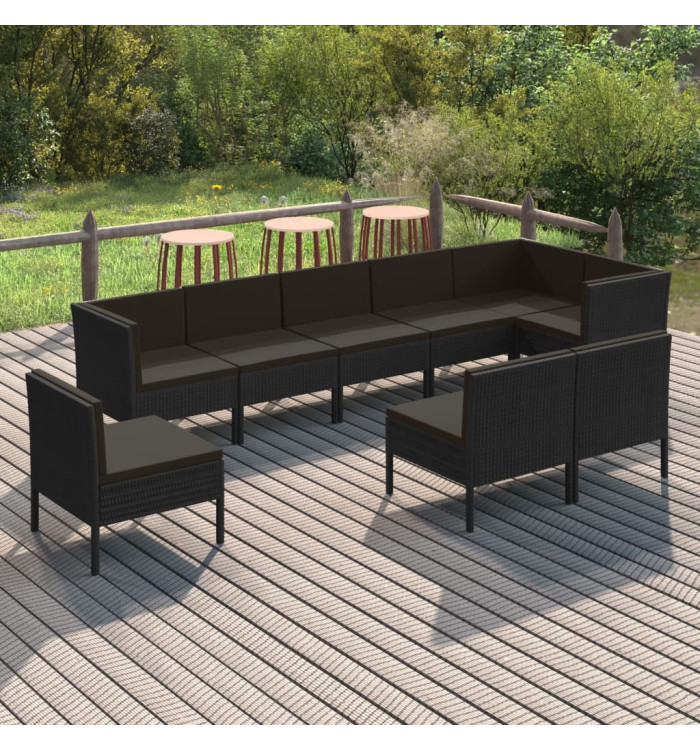 Salon de jardin 9 pcs avec coussins Résine tressée Noir | Mobilier & Déco