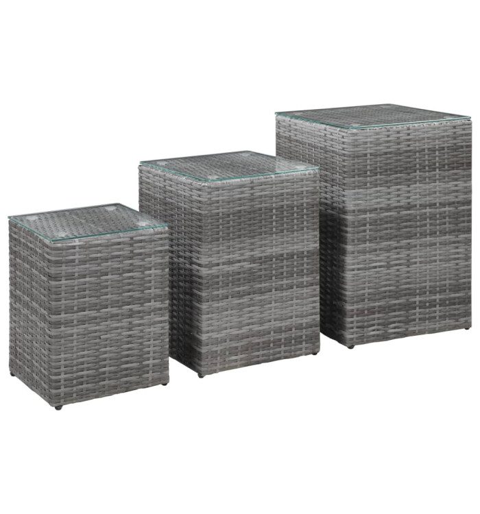 Tables d'appoint 3 pcs et dessus en verre Gris Résine tressée | Mobilier & Déco
