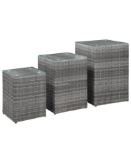 Tables d'appoint 3 pcs et dessus en verre Gris Résine tressée | Mobilier & Déco