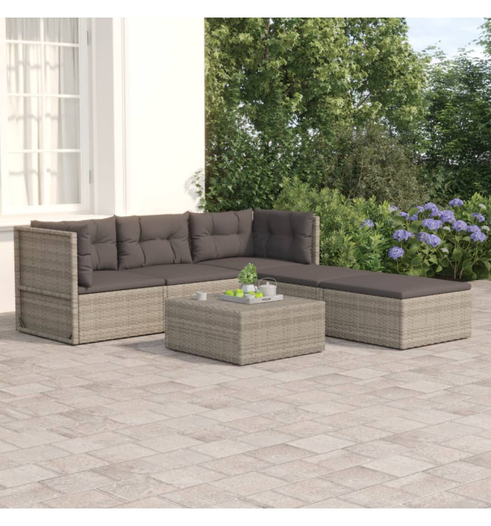 Salon de jardin 5 pcs avec coussins Gris Résine tressée | Mobilier & Déco