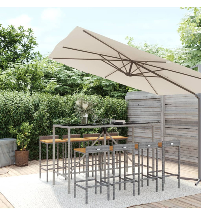 Ensemble de bar jardin 9 pcs gris poly rotin/bois massif acacia | Mobilier & Déco
