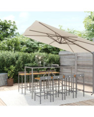 Ensemble de bar jardin 9 pcs gris poly rotin/bois massif acacia | Mobilier & Déco