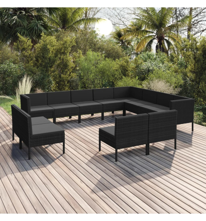 Salon de jardin 12 pcs avec coussins résine tressée noir | Mobilier & Déco