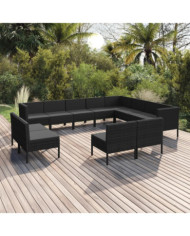 Salon de jardin 12 pcs avec coussins résine tressée noir | Mobilier & Déco