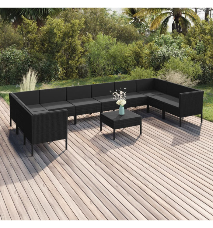 Salon de jardin 11 pcs avec coussins Résine tressée Noir | Mobilier & Déco