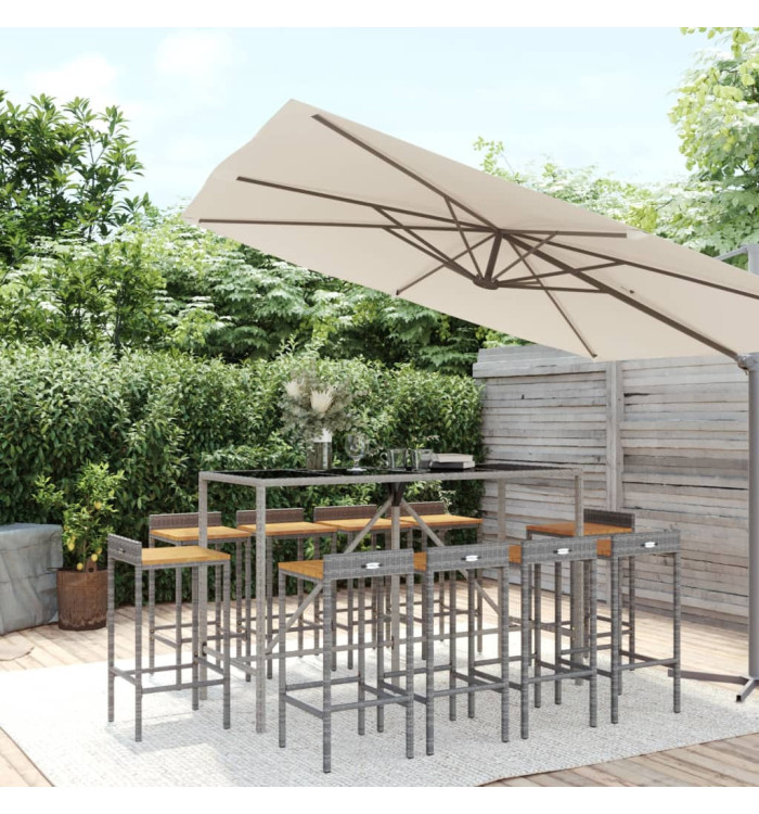 Ensemble de bar jardin 11pcs gris poly rotin/bois massif acacia | Mobilier & Déco