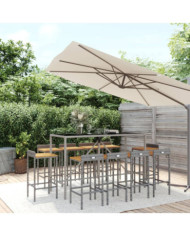 Ensemble de bar jardin 11pcs gris poly rotin/bois massif acacia | Mobilier & Déco