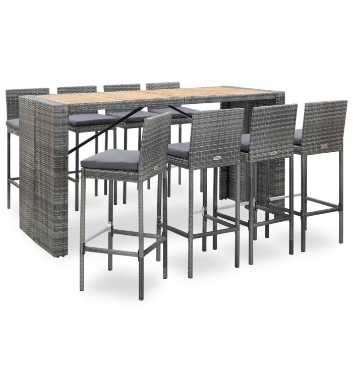 Ensemble de bar d'extérieur 9 pcs poly rotin bois d'acacia Gris | Mobilier & Déco
