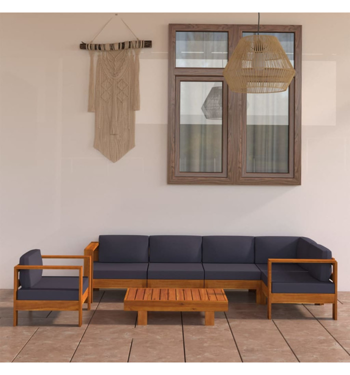 Salon de jardin 7 pcs avec coussins gris foncé Bois d'acacia | Mobilier & Déco