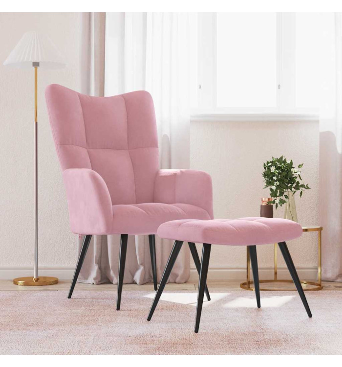 Chaise de relaxation avec tabouret Rose Velours | Mobilier & Déco