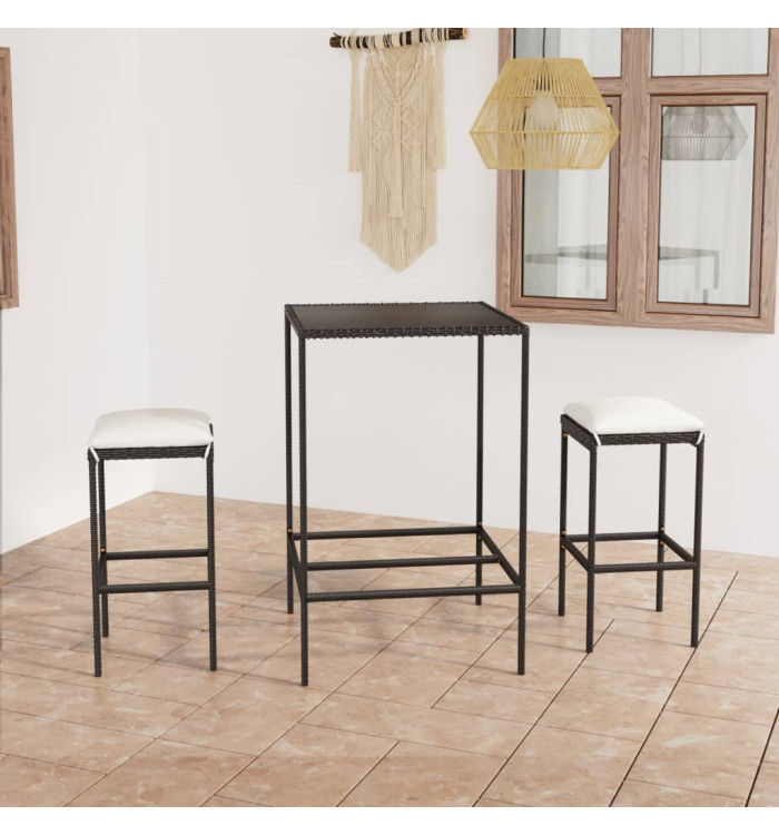 Ensemble de bar de jardin 3 pcs et coussins Résine tressée Noir | Mobilier & Déco