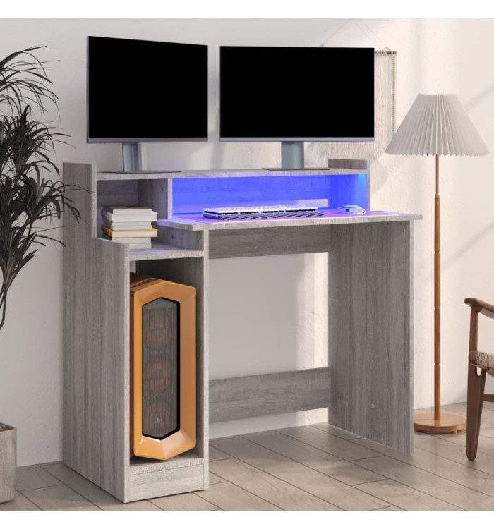 Bureau et lumières LED Sonoma gris 97x45x90cm Bois d'ingénierie | Mobilier & Déco