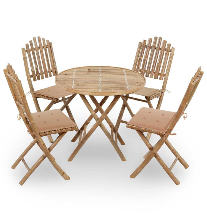 Mobilier à dîner d'extérieur pliable 5 pcs avec coussins bambou | Mobilier & Déco