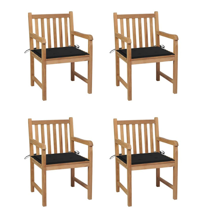 Chaises de jardin lot de 4 et coussins noir Bois de teck solide | Mobilier & Déco