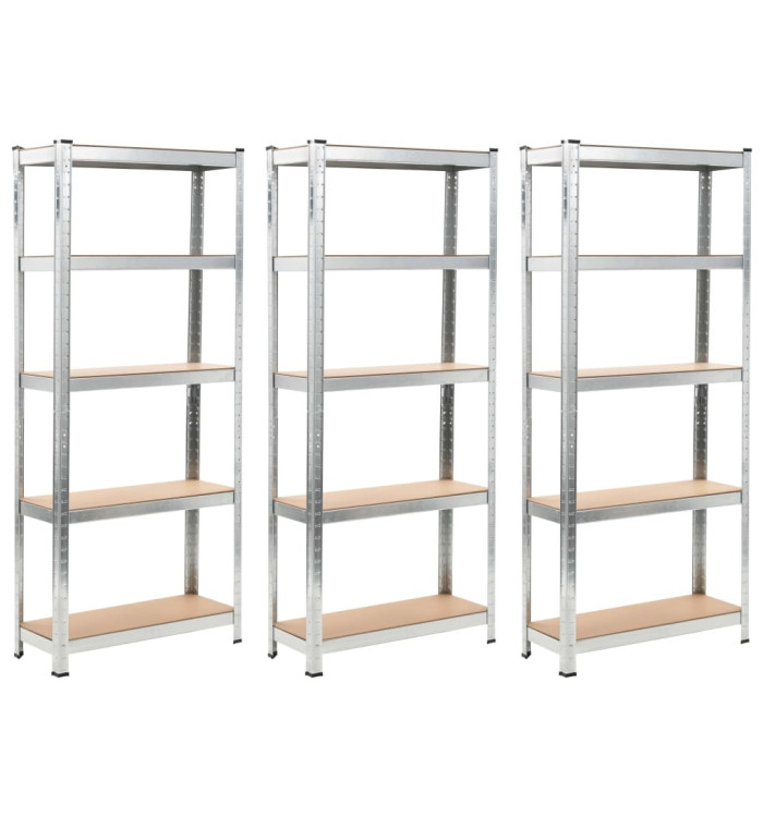 Étagères à 5 niveaux 3 pcs Argenté Acier et bois d'ingénierie | Mobilier & Déco