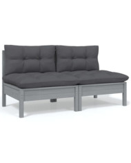 Canapé 2 places de jardin et coussins Gris Bois de pin solide | Mobilier & Déco