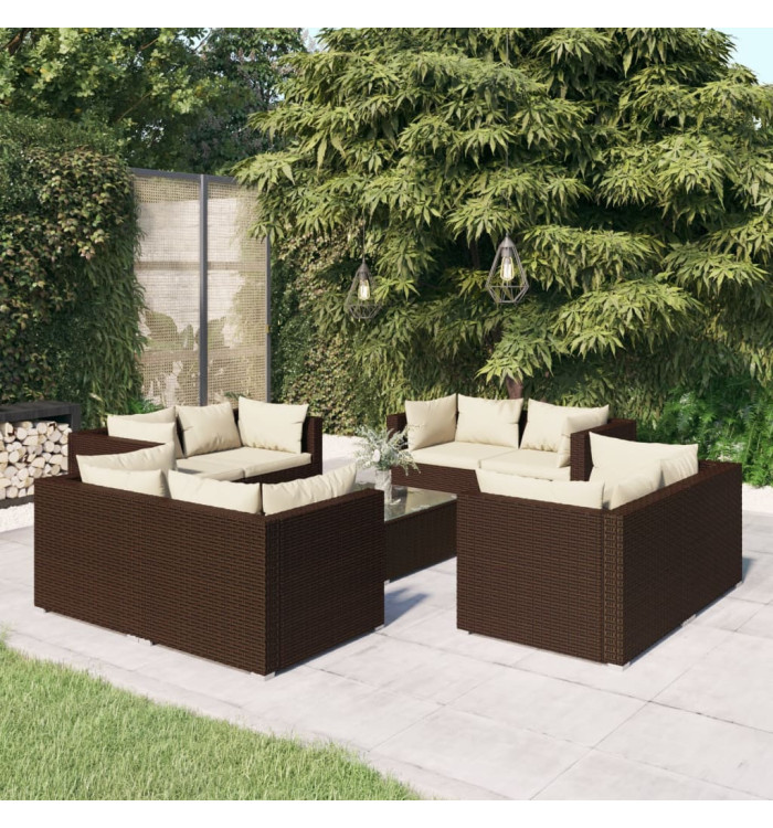 Salon de jardin 9 pcs avec coussins Résine tressée Marron | Mobilier & Déco