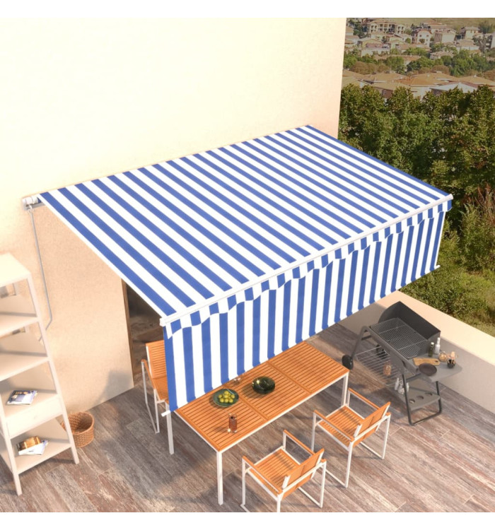 Auvent rétractable manuel avec store 5x3 m Bleu et blanc | Mobilier & Déco