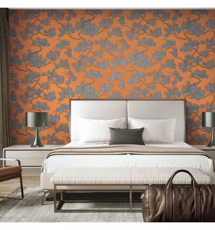 DUTCH WALLCOVERINGS Papier peint Motif avec pins Bleu et orange | Mobilier & Déco
