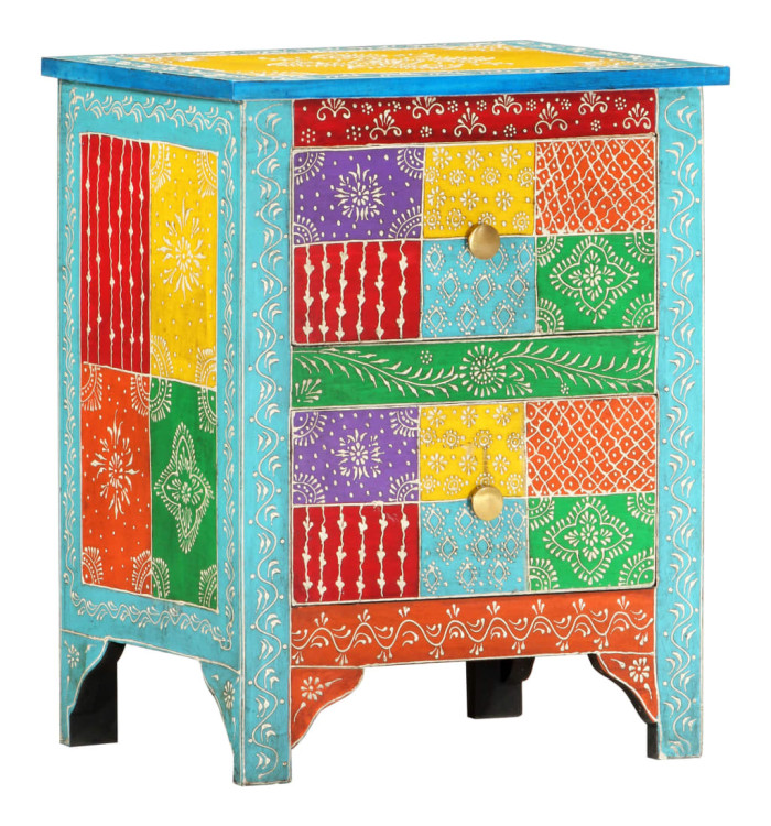 Table de chevet peinte à la main 40x30x50 cm Bois de manguier | Mobilier & Déco