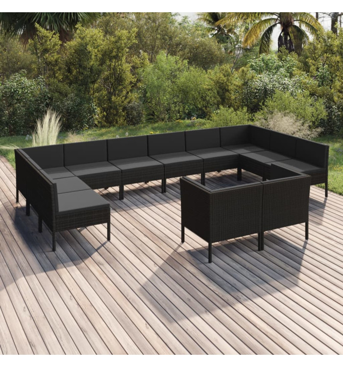 Salon de jardin 12 pcs avec coussins résine tressée noir | Mobilier & Déco
