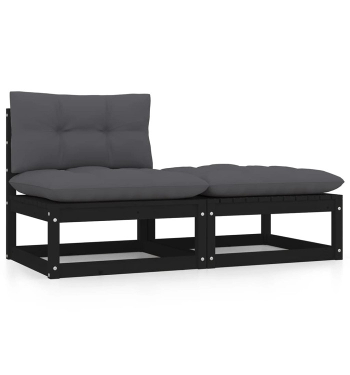 Salon de jardin 2 pcs avec coussins Noir Bois de pin massif | Mobilier & Déco
