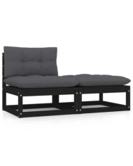 Salon de jardin 2 pcs avec coussins Noir Bois de pin massif | Mobilier & Déco