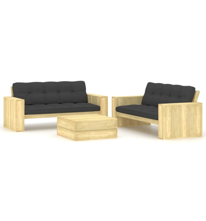 Salon de jardin 3 pcs avec coussins bois de pin imprégné | Mobilier & Déco