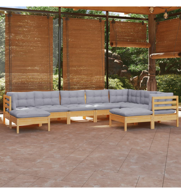 Salon de jardin 9 pcs avec coussins gris bois de pin massif | Mobilier & Déco