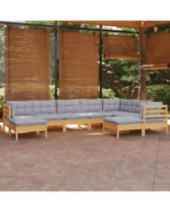 Salon de jardin 9 pcs avec coussins gris bois de pin massif | Mobilier & Déco
