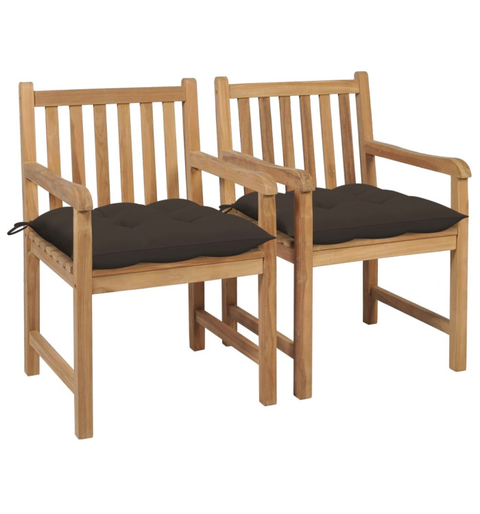 Chaises de jardin lot de 2 et coussins taupe Bois teck massif | Mobilier & Déco
