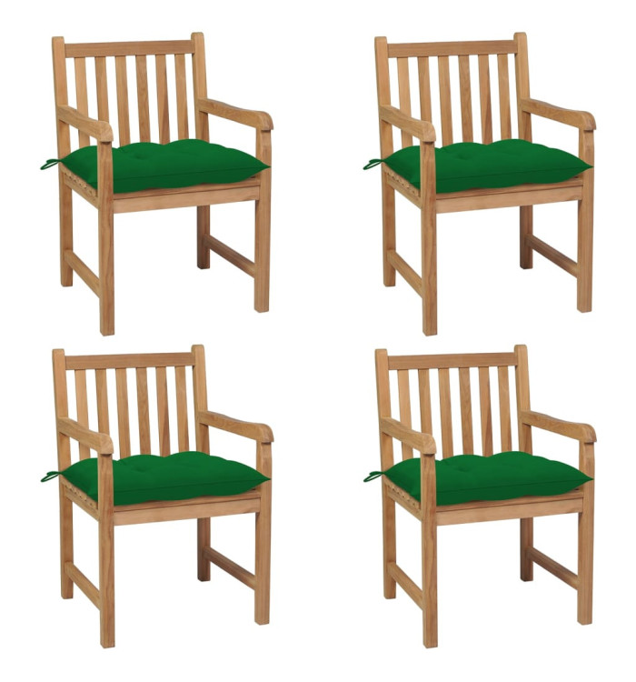 Chaises de jardin lot de 4 et coussins vert Bois de teck solide | Mobilier & Déco