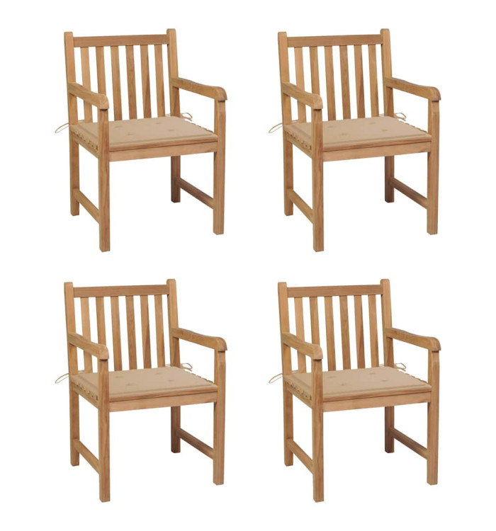 Chaises de jardin lot de 4 et coussins beige bois teck solide | Mobilier & Déco