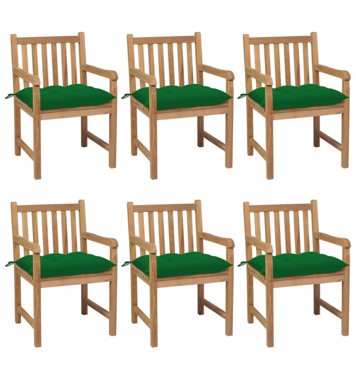 Chaises de jardin lot de 6 et coussins vert Bois de teck solide | Mobilier & Déco